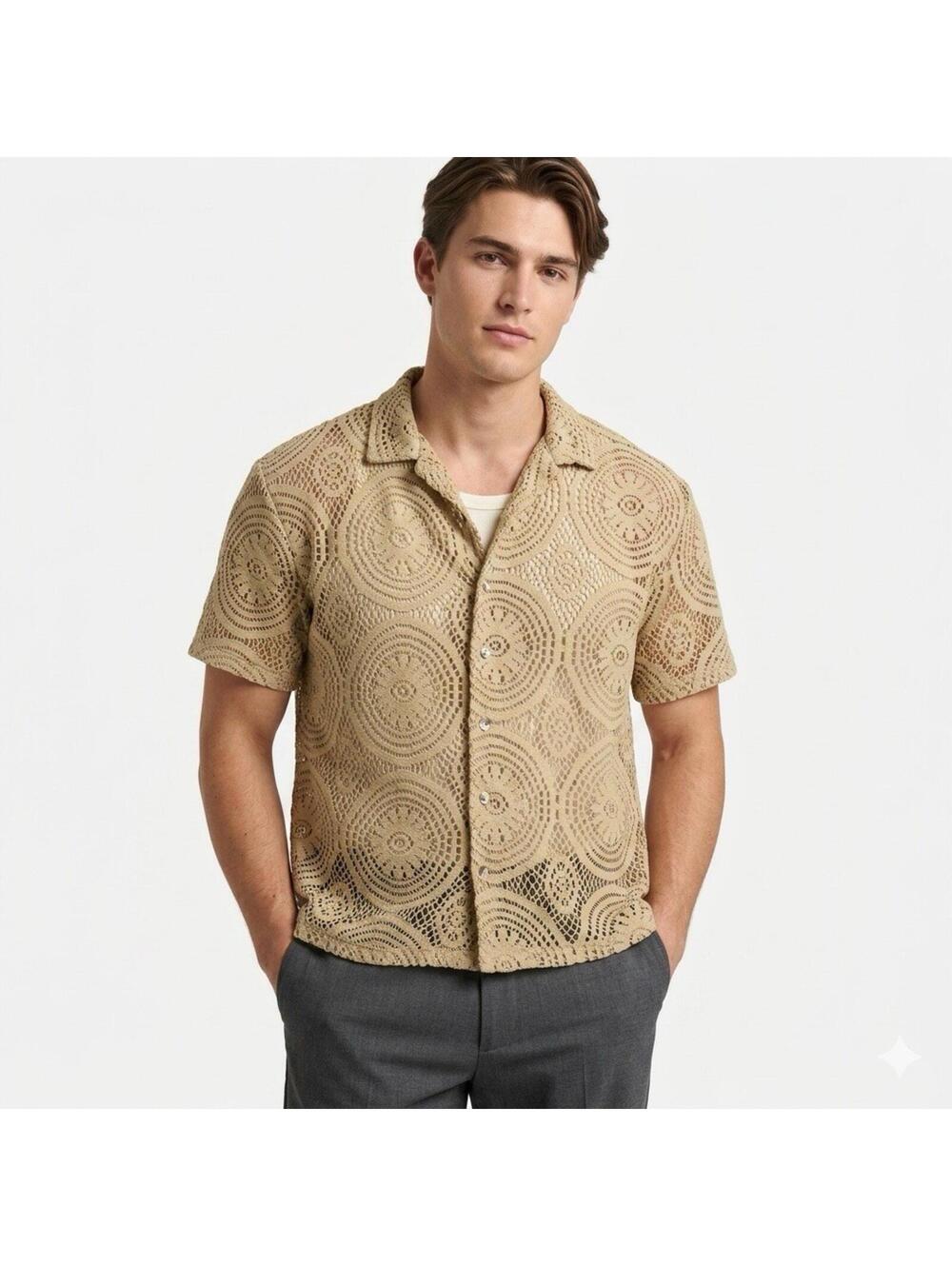 Upstanders Shirts Mens Sz L Crochet Lace Button Down Beige Medallion